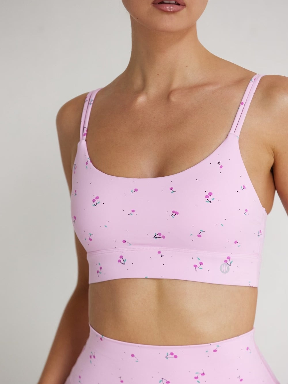 Astoria Activewear Luxe Blossom Scoop Sports Bra, Light Pink, Cherries Print New